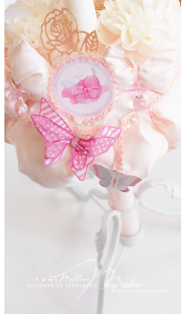 Lumanare de botez pentru fetite cu fluturi si dantele roz, 65x4cm,  Pink Butterfly  8